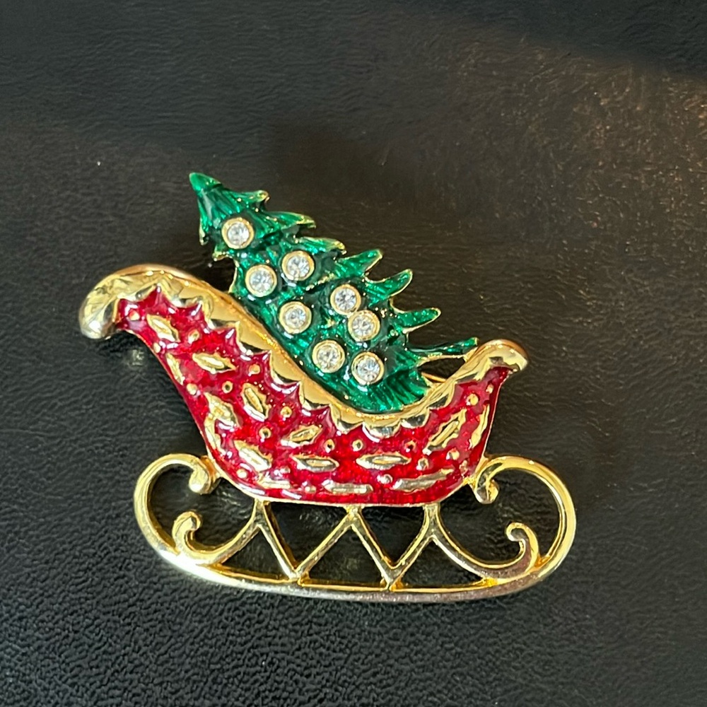 SFJ Gold Tone Holiday Sleigh and Christmas Tree Brooch